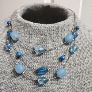 Blue Beaded Necklace Silver Tone 3 Strand